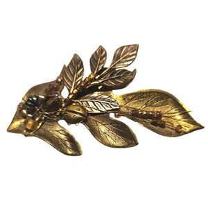 Vintage Brooch Gold-Tone Leaf W/ Ladybug & Beaded Accents Nature Approx. 3 Inch